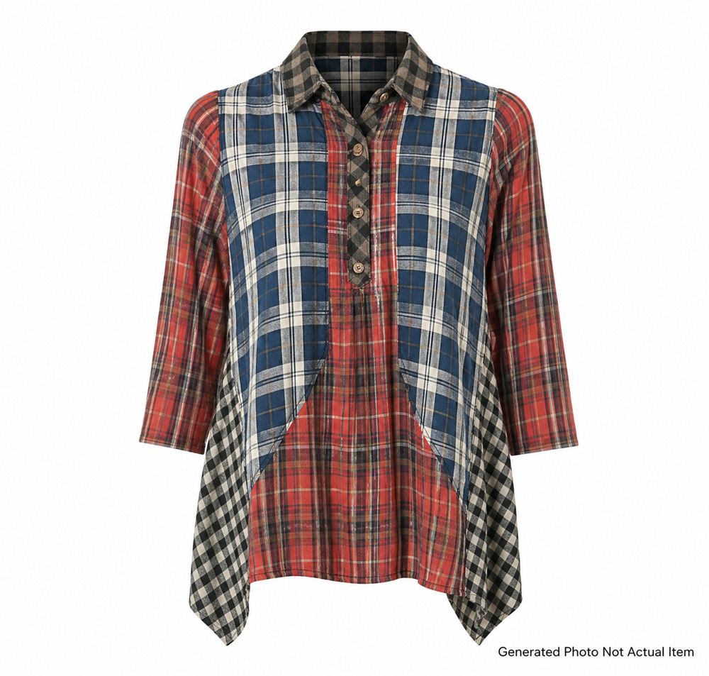 Patchwork Plaid Button Top Flannel Western Boho Shirt Coastal Cowgirl small - Picture 1 of 8